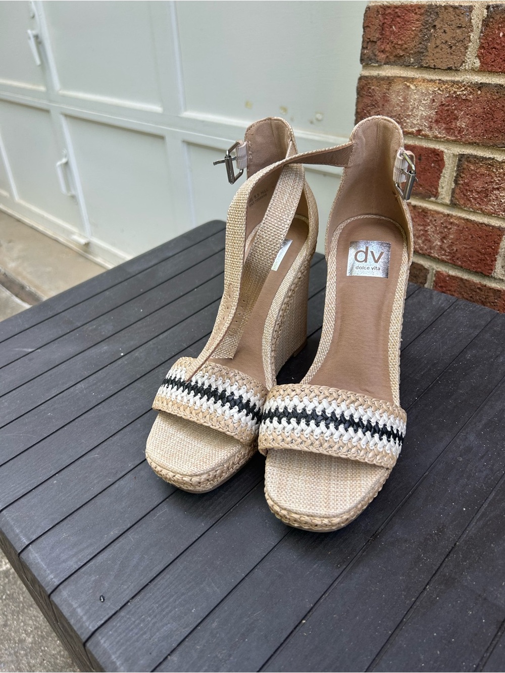 DV by Dolce Vita Natural Beige Woven Ankle-Strap Wedges